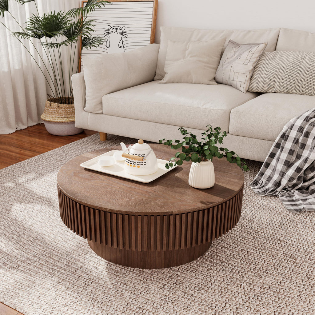 31.5'' Round Coffee Table with Storage, Modern Luxury Circle Drum Center Tables with Solid Wood Veneered, Accent Side