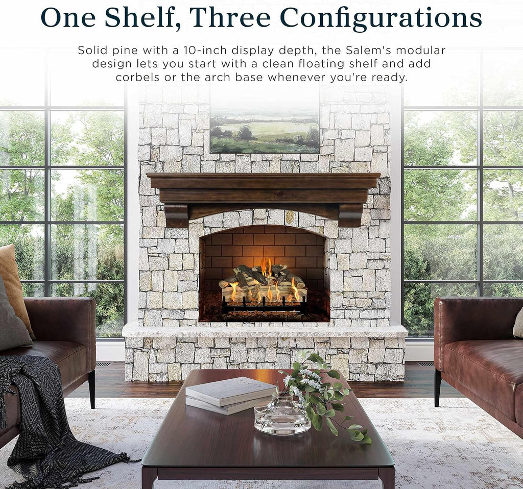 Wood Mantel Shelf with Arched Corbels - Rosewood 60 Inch | Wooden Rustic Wall Mounted Shelf from Pine Wood