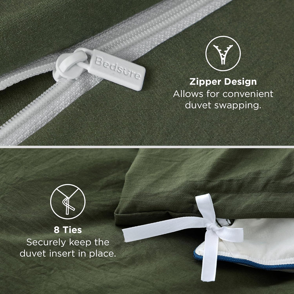 Olive Green Duvet Cover Queen - 3 Pieces Prewashed Cotton-Like Polyester Extra Soft Bedding Set, Includes 1 Duvet