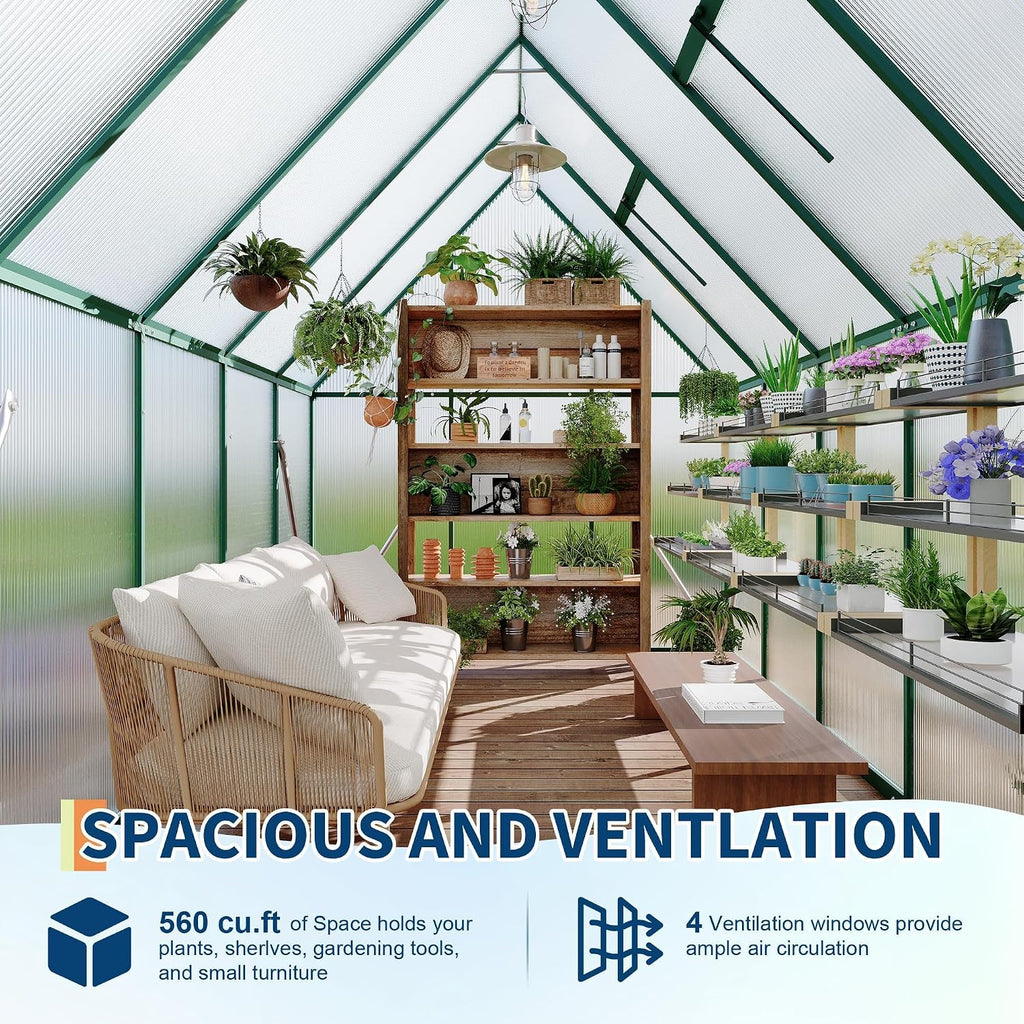 6 x 9 ft Outdoor Polycarbonate Greenhouse Kit, Heavy Duty Greenhouse with Reinforced Aluminum Frame, Adjustable Roof