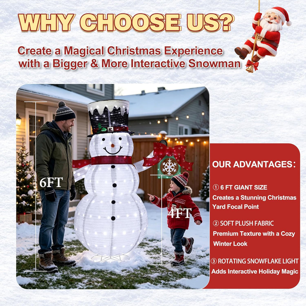 6FT Lighted Snowman Christmas Decor, Rotating Snowflake Gift Box