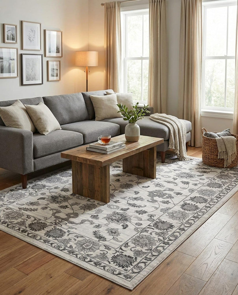 Boston Rug - 9' 10 x 14' 1 White Gray Easy-Clean Rug - Floral Botanical Motif