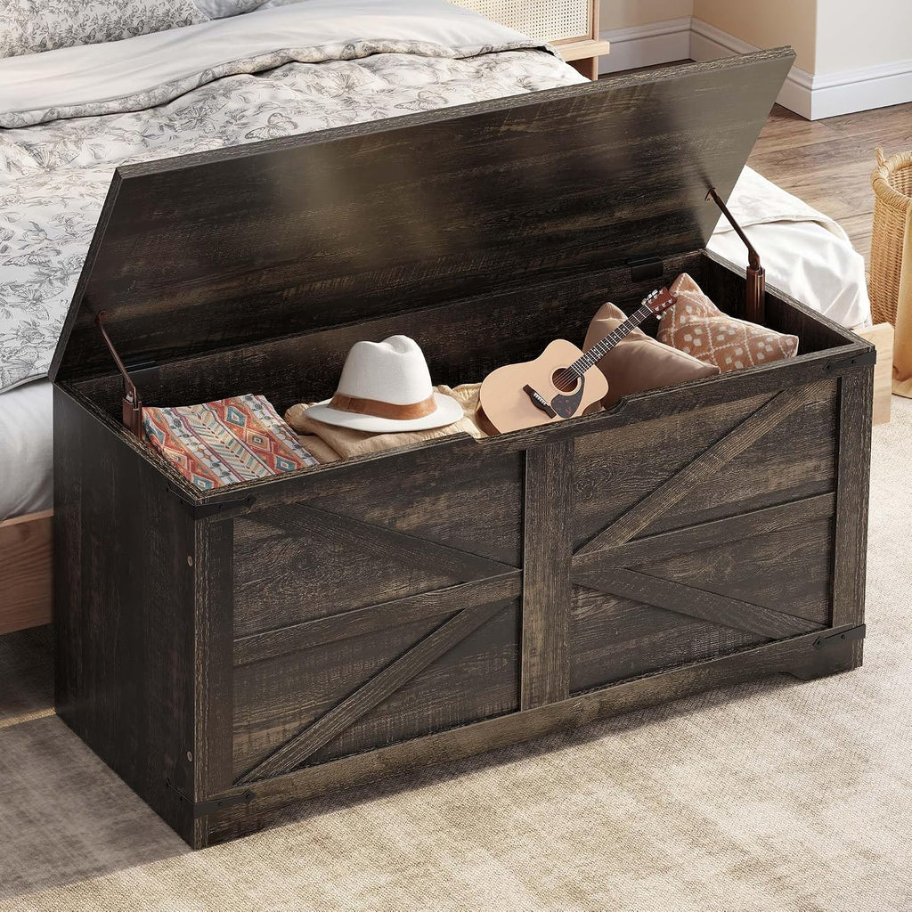 Wooden Storage Bench, Farmhouse Storage Chest with Safety Hinges, Entryway Shoe Organizer, Multi-Use Storage