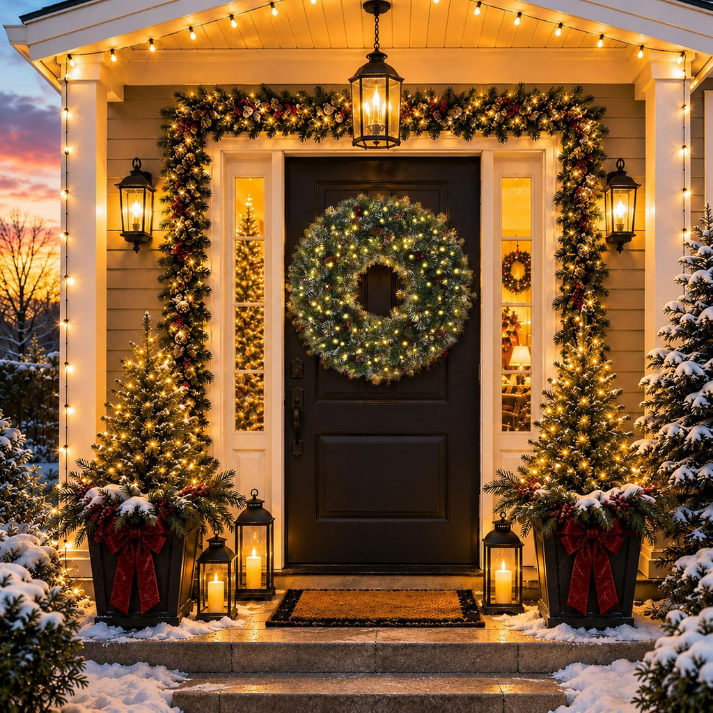 36" Pre-Lit Fir Artificial Christmas Wreath Holiday Décor, 150 LED Lights, 360 PVC Tips Pinecones, Berries for Front