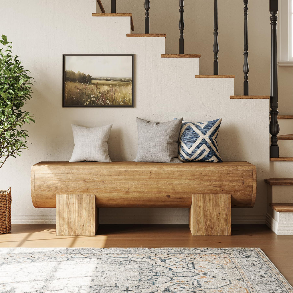 47 Inch Wooden Entryway Bench, Solid Wood End of Bed Bench Seat, Farmhouse Indoor Bench, Brown