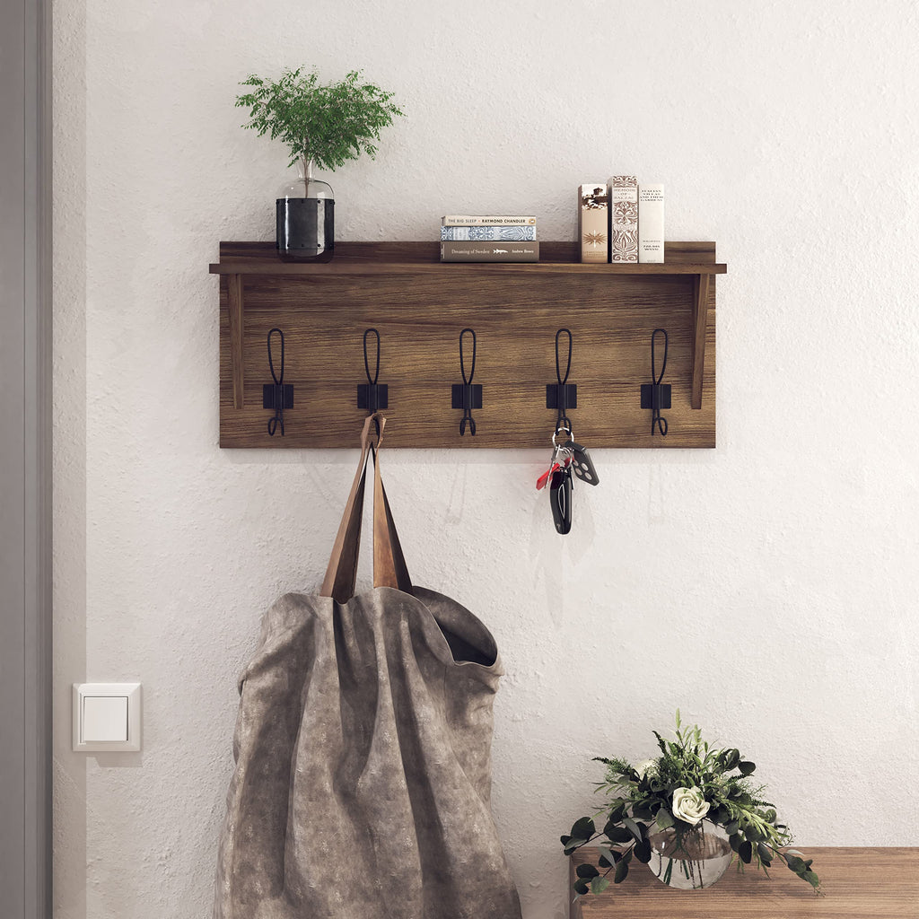 Rustic Wall Mounted Coat Rack with Shelf - Solid Wood 24" Entryway Shelf with 5 Coat Hangers. Perfect Touch for Your
