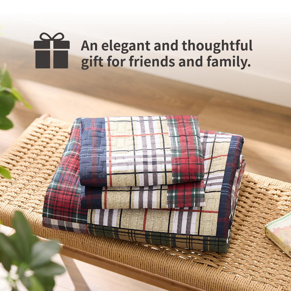 Patchwork Quilt Bedding Set, Plaid Lightweight Reversible Bedspread Coverlet, 3-Piece Bed Cover Quilt with 2