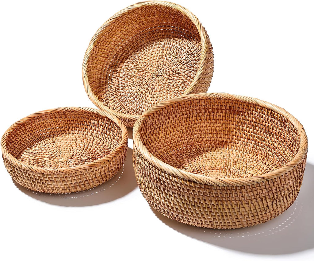Rattan Bread Basket Set 3, Handwoven Serving Bowls | Honey brown, round wicker, fruit snack bread basket, key bowl