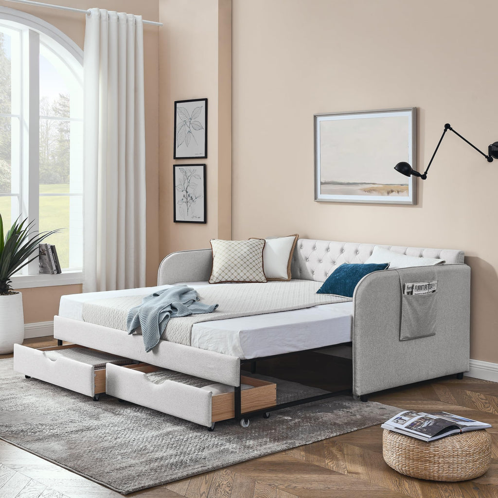Twin to King Daybed Frame with Two Storage Drawers, Modern Upholstered Button Tufted Day Bed Nailhead Trim and Wood