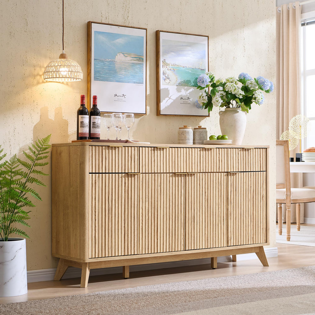 60 Inch Fluted Buffet Sideboard Cabinet, Natural Oak