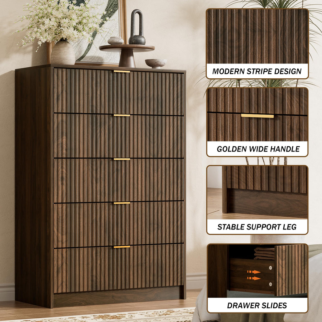 Walnut 5 Drawer Dresser, 47.2" Tall Fluted Wood Dresser