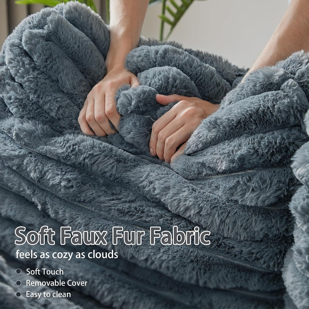 60.43'' Oversized Chaise Lounge Chair Indoor, Grey | Plush Faux Rabbit Fur, Sleeper Sofa Bed with 4 Pillows, Charging