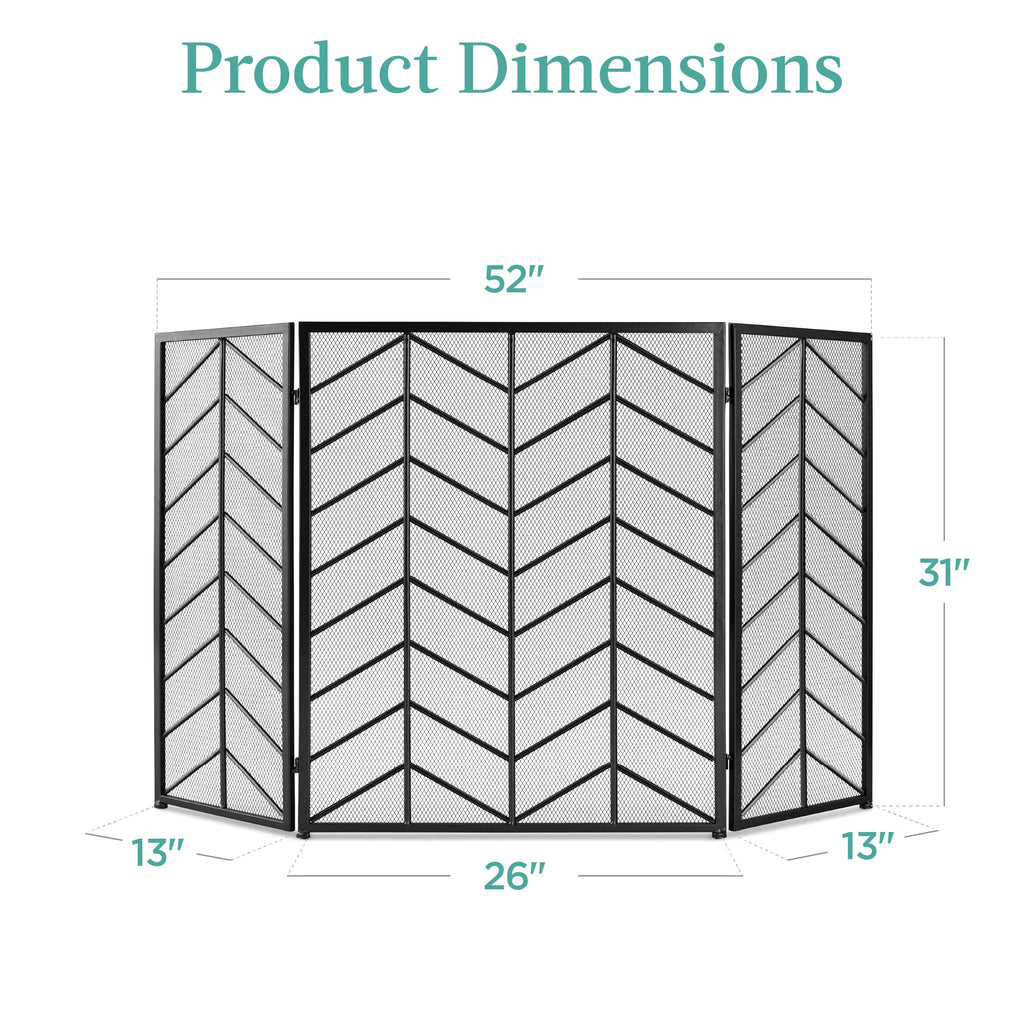 52x31in 3 Panel Chevron Fireplace Screen, Mid Century Modern Wrought Iron Hand Crafted Fire Place Guard Home Decor