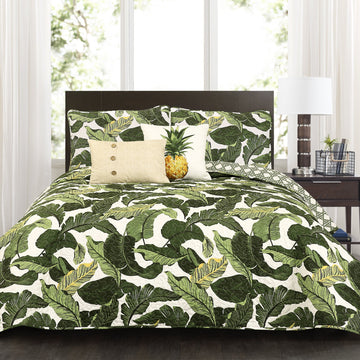 Tropical Paradise Reversible Quilt 5 Piece Set Green - Coastal Bedding Set Quilt - Beach Decor - Green