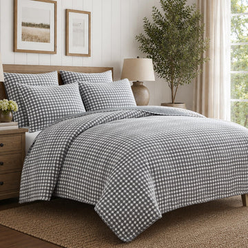 Camden Gingham Stitch Grey Quilt Set - 106x92in. Quilt and Two 20x36in. Shams - Grey and Ivory Gingham