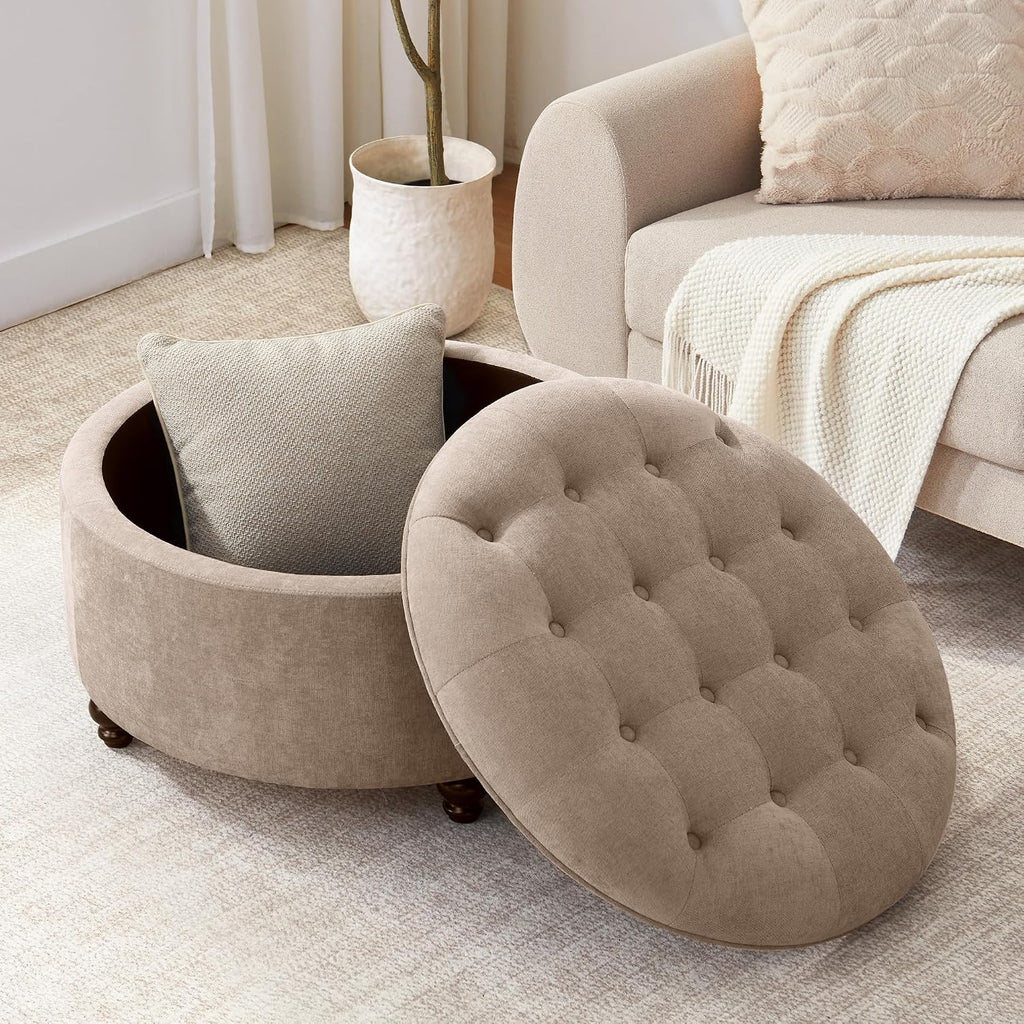 30-Inch Round Storage Ottoman, Button Tufted Coffee Table(Brown) | Ottoman Coffee Table with Removable Top