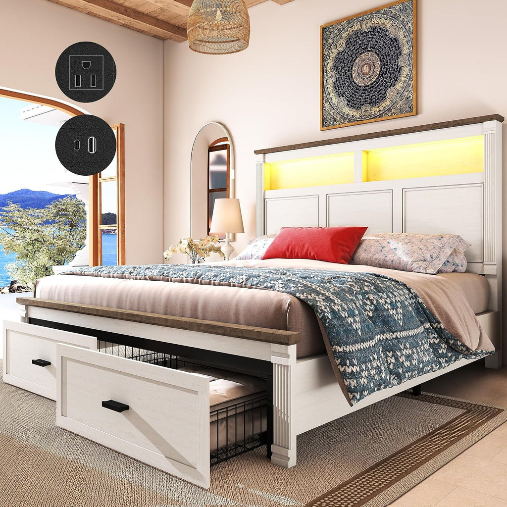 Queen Bed Frame with 2 Storage Drawers, 53" Tall Headboard Farmhouse Platform Bed Frame with Roman Column Decoration