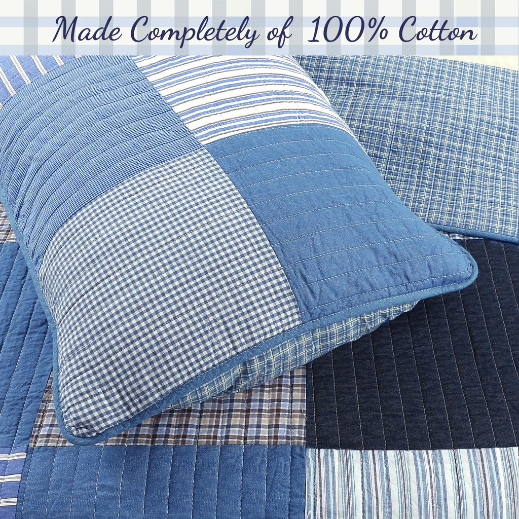 Line Home Fashions Navy Blue Brown Tan Plaid Striped 100% Cotton Reversible Quilt Bedding Set, All-Season Coverlet