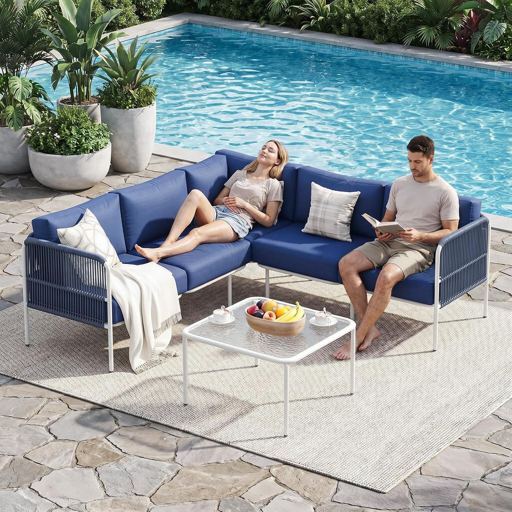 Patio Furniture Set, 6 Pieces Outdoor Sectional Sofa Set, L-Shaped Metal Patio Conversation Set with Side Table