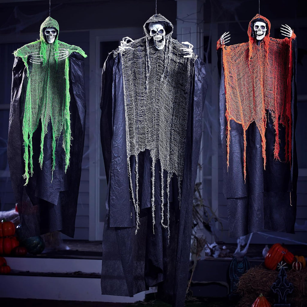 Halloween Hanging Grim Reapers, one 63" Two 47" Grim Reapers, Halloween Skeleton Outdoor Decoration Flying - Set of 3