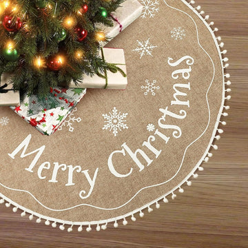 Christmas Tree Skirt 36 Inch, Burlap Tree Skirt Printed with White Snowflake and Merry Christmas Decor, Brown Tree