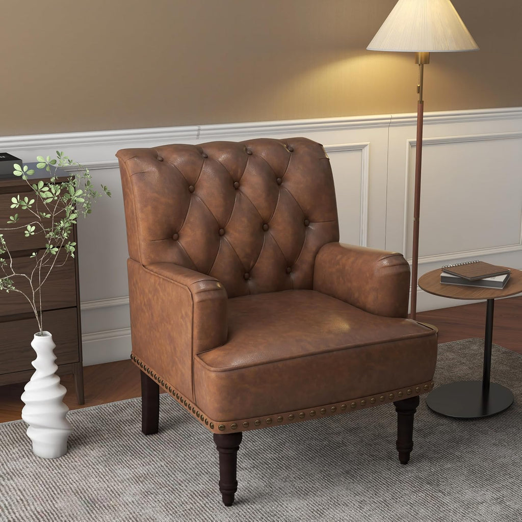 Faux Leather Accent Chair, Modern Upholstered Armchair, Brown