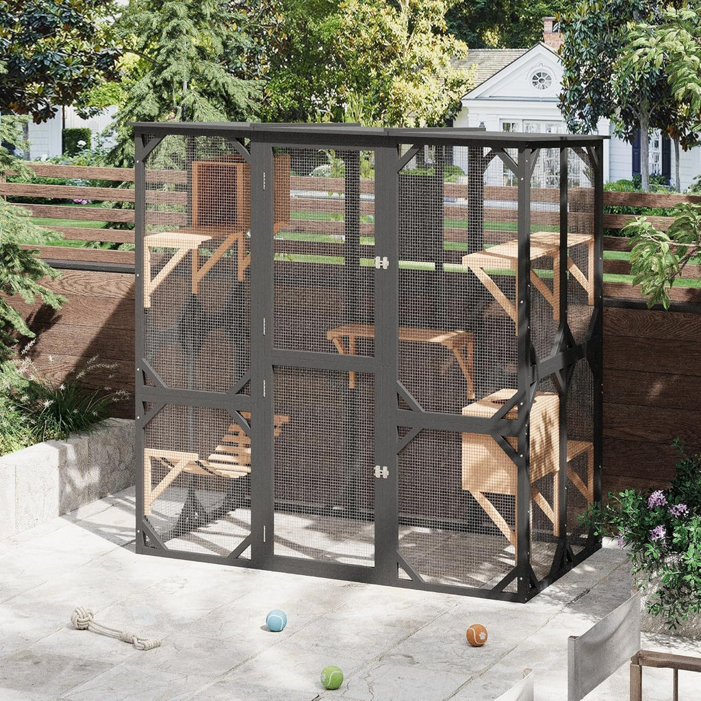 Large Walk-in Wooden Catio for 2-4 Cats - Outdoor Enclosure with Waterproof Roof & Sisal Mark-resistanting Post