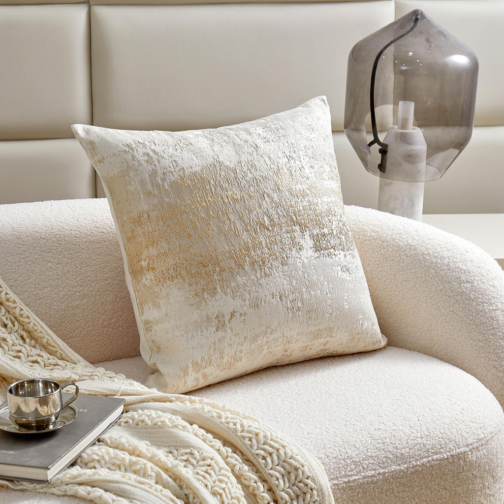 Ivory Cream Gold Metallic Jacquard Throw Pillow Cover 18x18, Velvet Back, Modern Glam Decorative Cushion Cover for