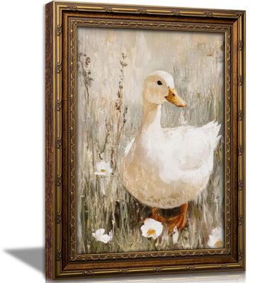 Vintage Gold Framed Duck Wall Art Retro Rustic Farmhouse Animal Cute Goose Painting Picture Wall Decor Cottagecore