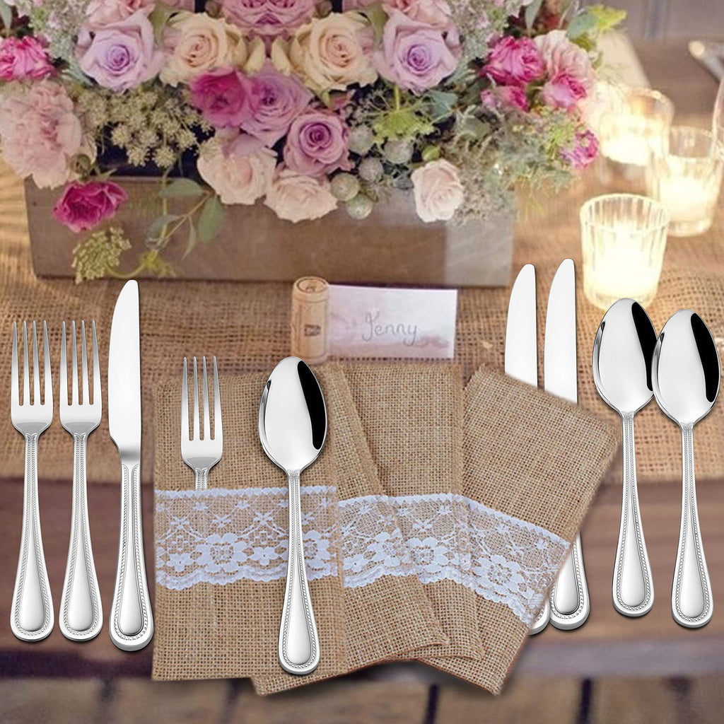 24-Piece Forks and Spoons Silverware set, Stainless Steel Flatware with Pearled Edge /Kitchen, Include 12 Dinner