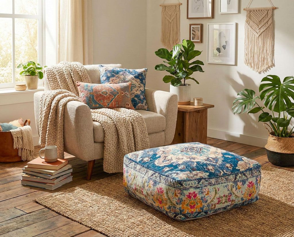 Blue Square Floor Pillow Cover Large Yoga Décor Cushion Moroccan Pouf Ottoman Boho Furniture