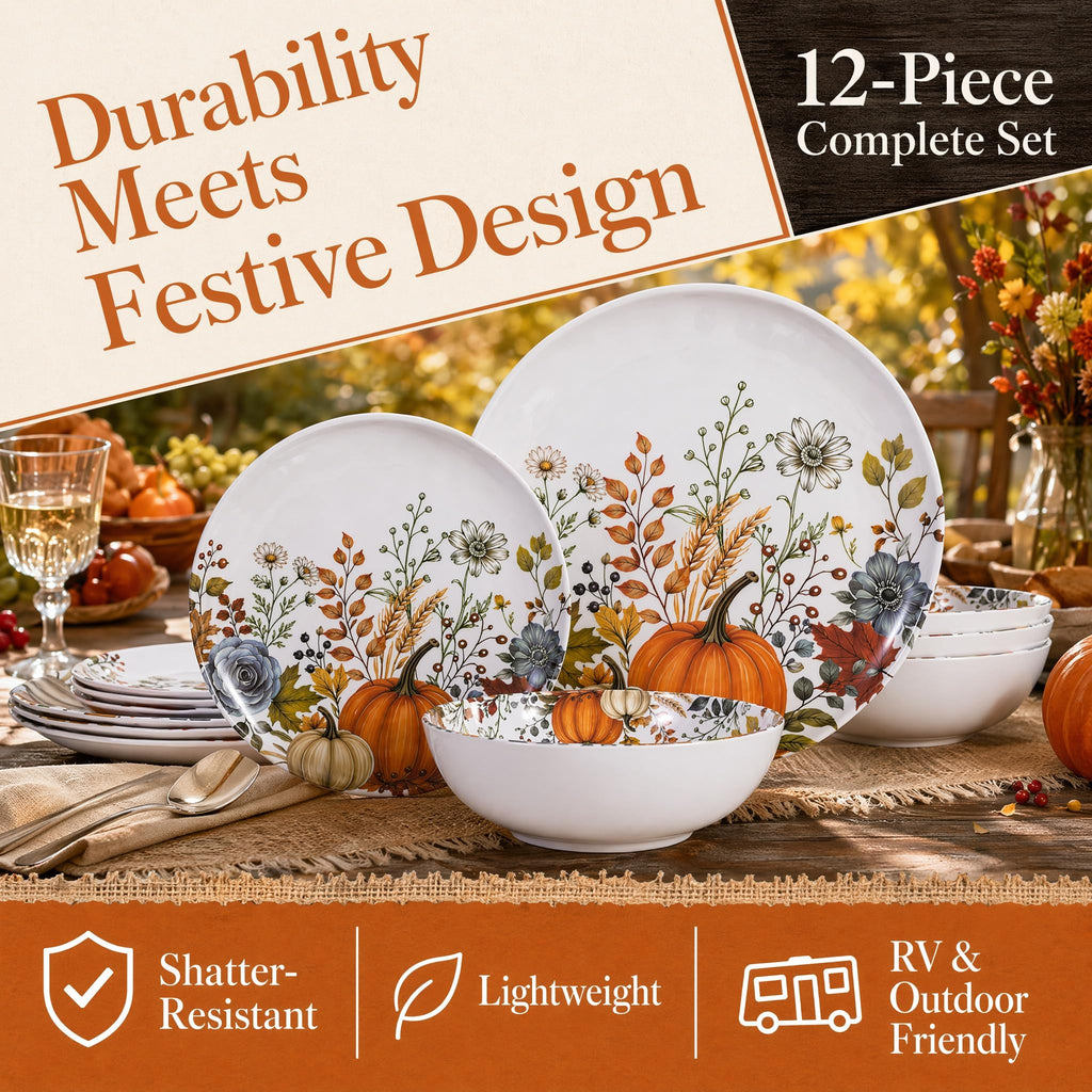 12pcs Melamine Dinnerware Set - Fall Pumpkin Plates and Bowls for RV