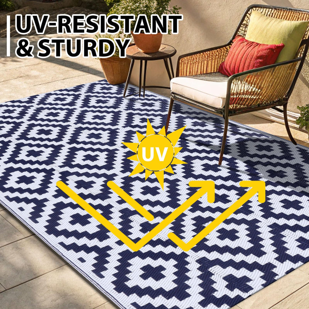 Outdoor Rug 10x14 ft Waterproof Reversible Boho Mat, White & Navy