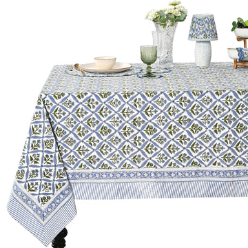 Light Steel Blue Hand Block Print Rectangle Tablecloth 60x120 Inch