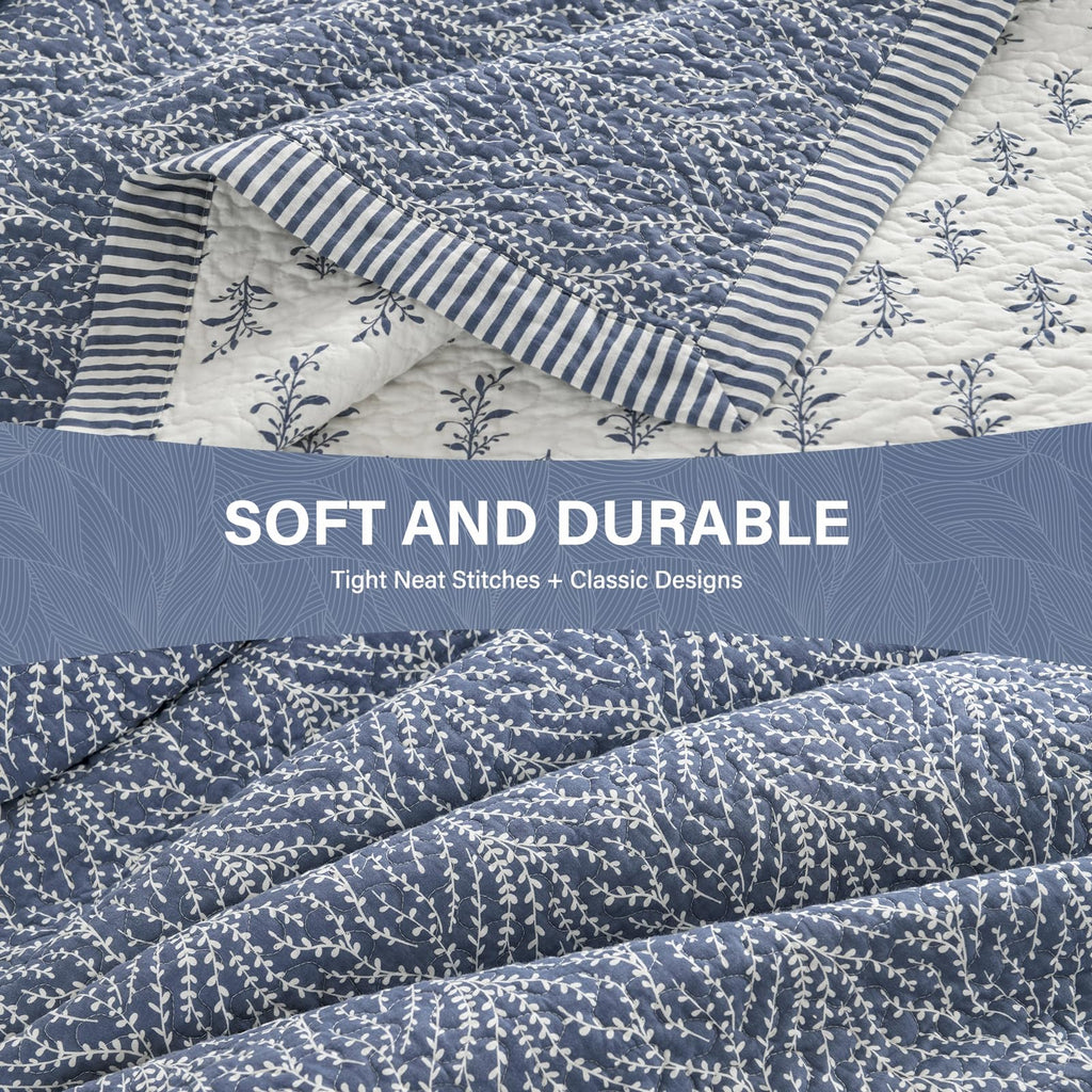 Quilt Set, 100% Cotton Quilt Bedding Set Bedspread, Botanical Pattern Solid Color Chic Lightweight Quilted
