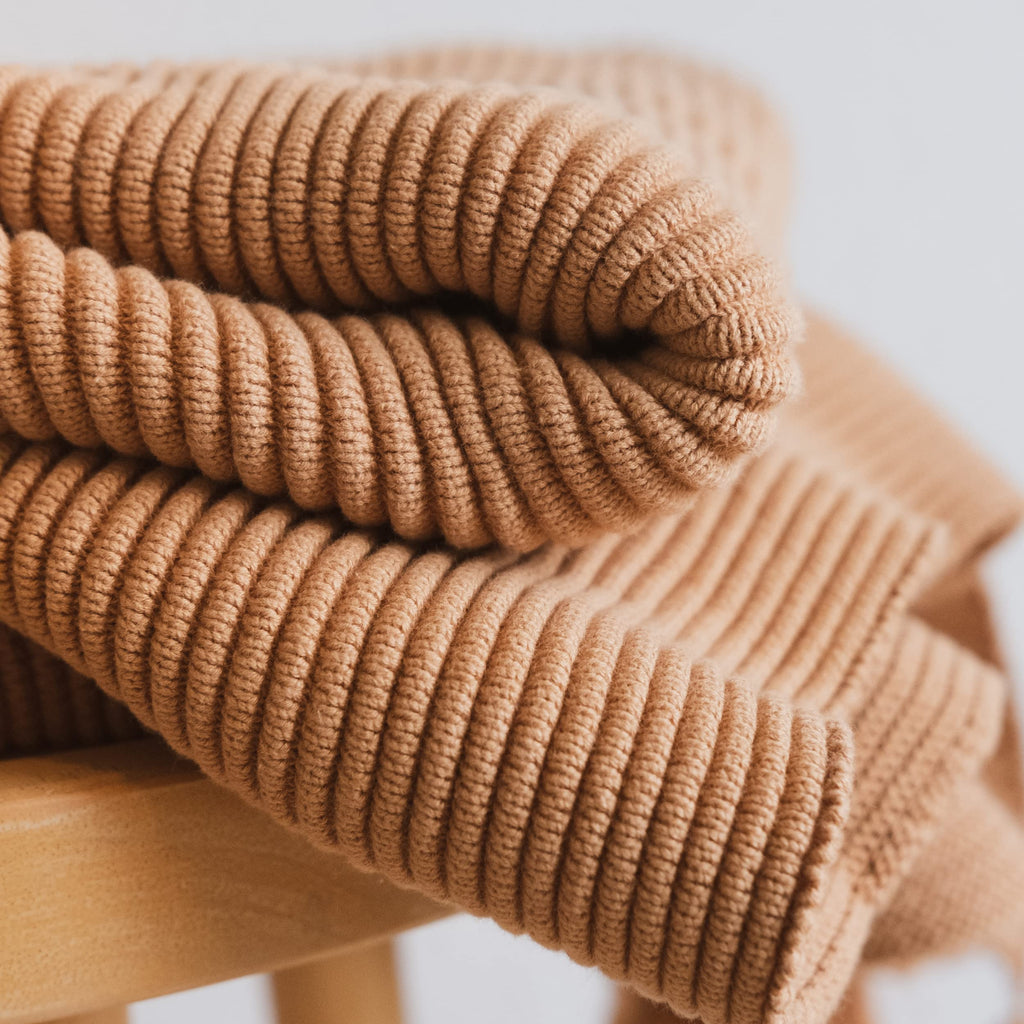 100% Soft Cotton Textured Raised Stripes Rib Knit Throw Blanket with Tassels (Baked Clay)
