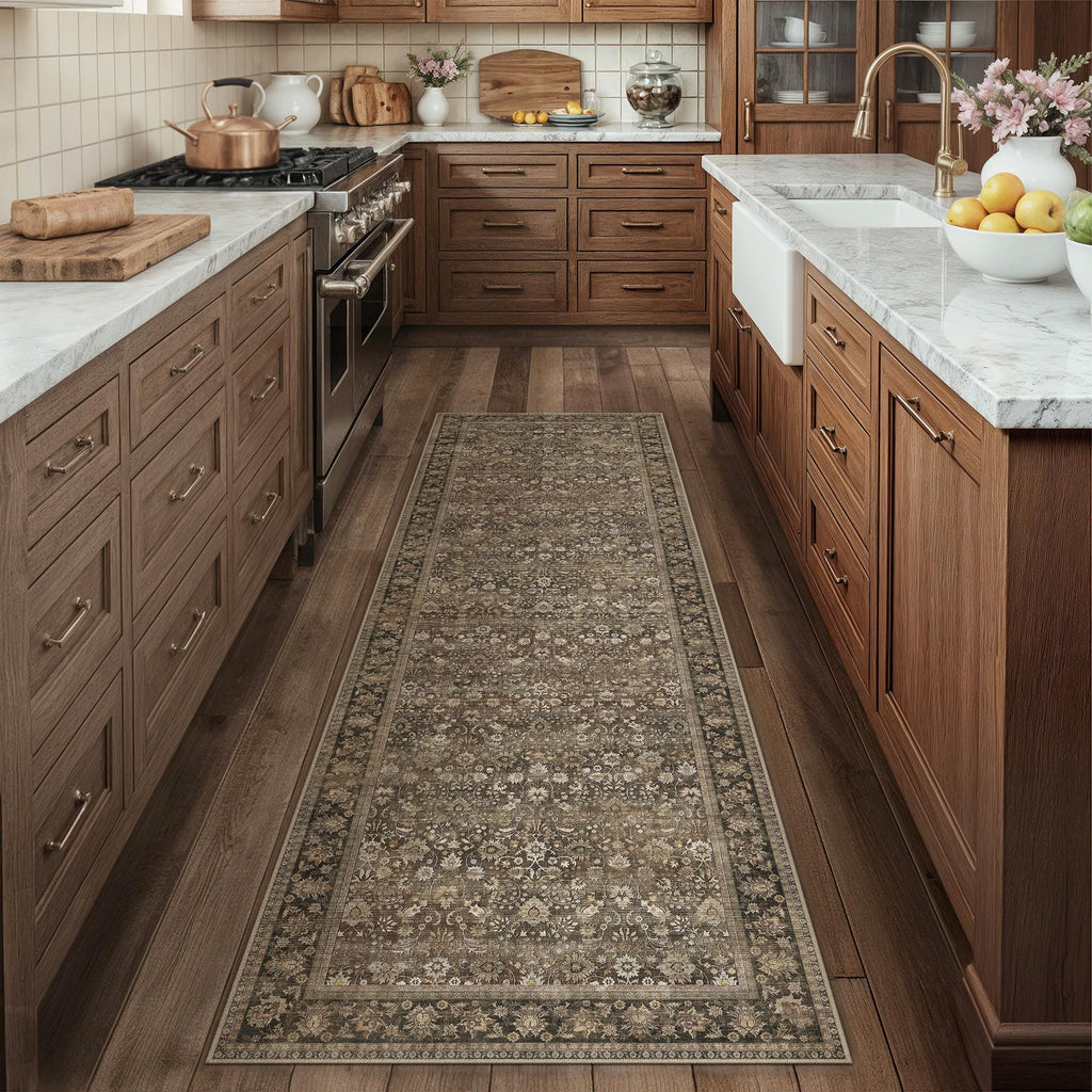 Brown Vintage Floral Washable Runner Rug