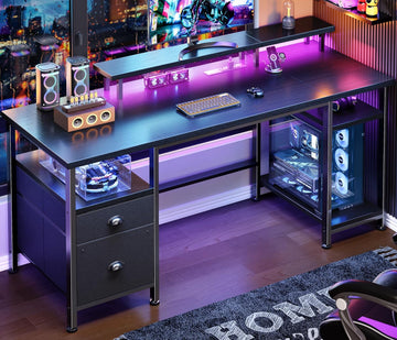 61" Gaming Desk with Outlets & LED, Large Computer Desk, Black | AC Outlets & USB, Ergonomic Monitor Stand, Drawer &