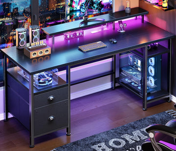51" Gaming Desk with Power Outlets & LED Lights, Reversible Computer Desk with File Cabinet & Monitor Stand , Large