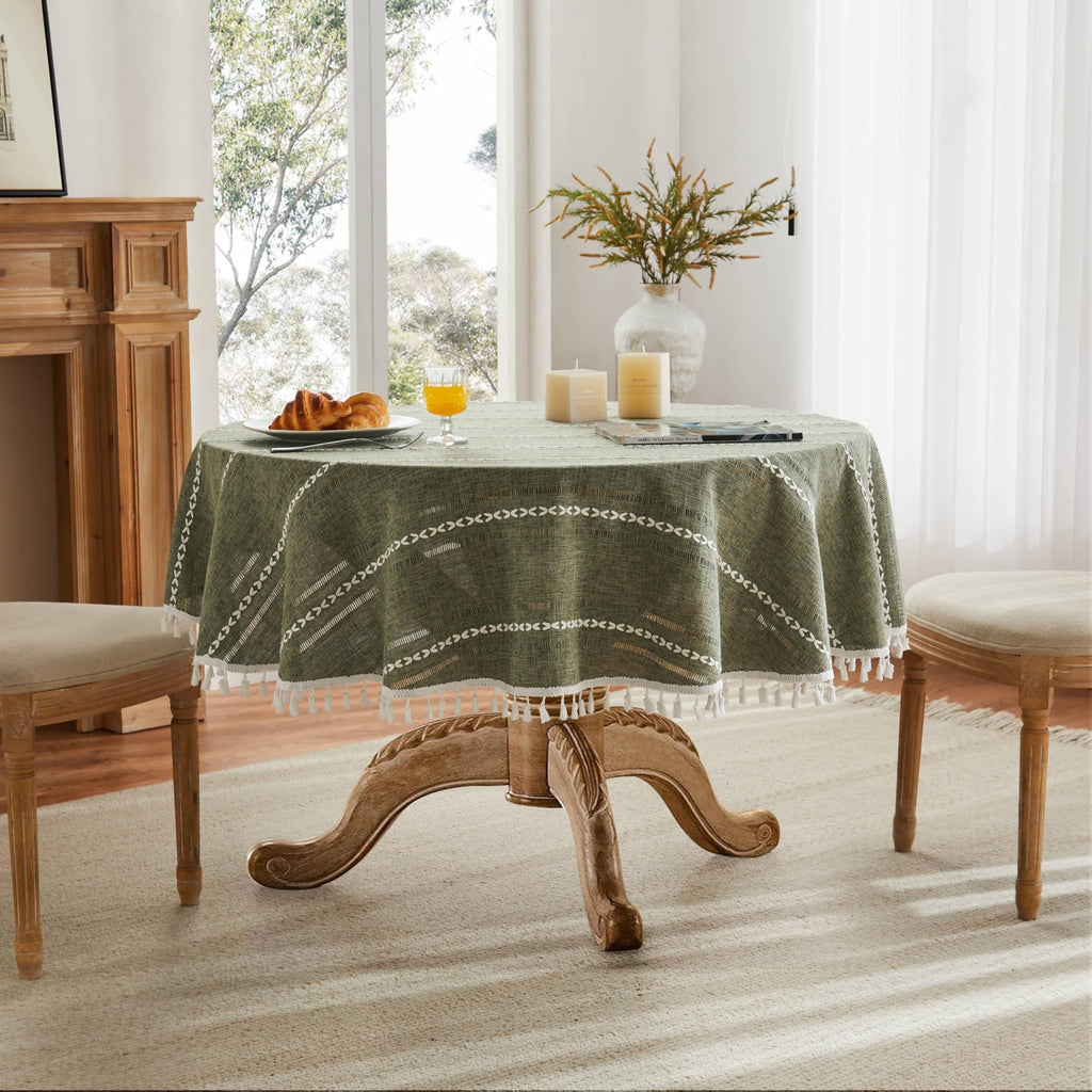 Hemstitched Striped Boho Table Cloth, 54 Inch Round Olive