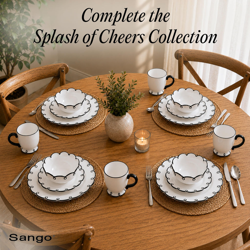 12-Piece Stoneware Dinnerware Set for 4, Glossy White Plates and Bowls Sets with Black Scalloped Rims, Premium Dish