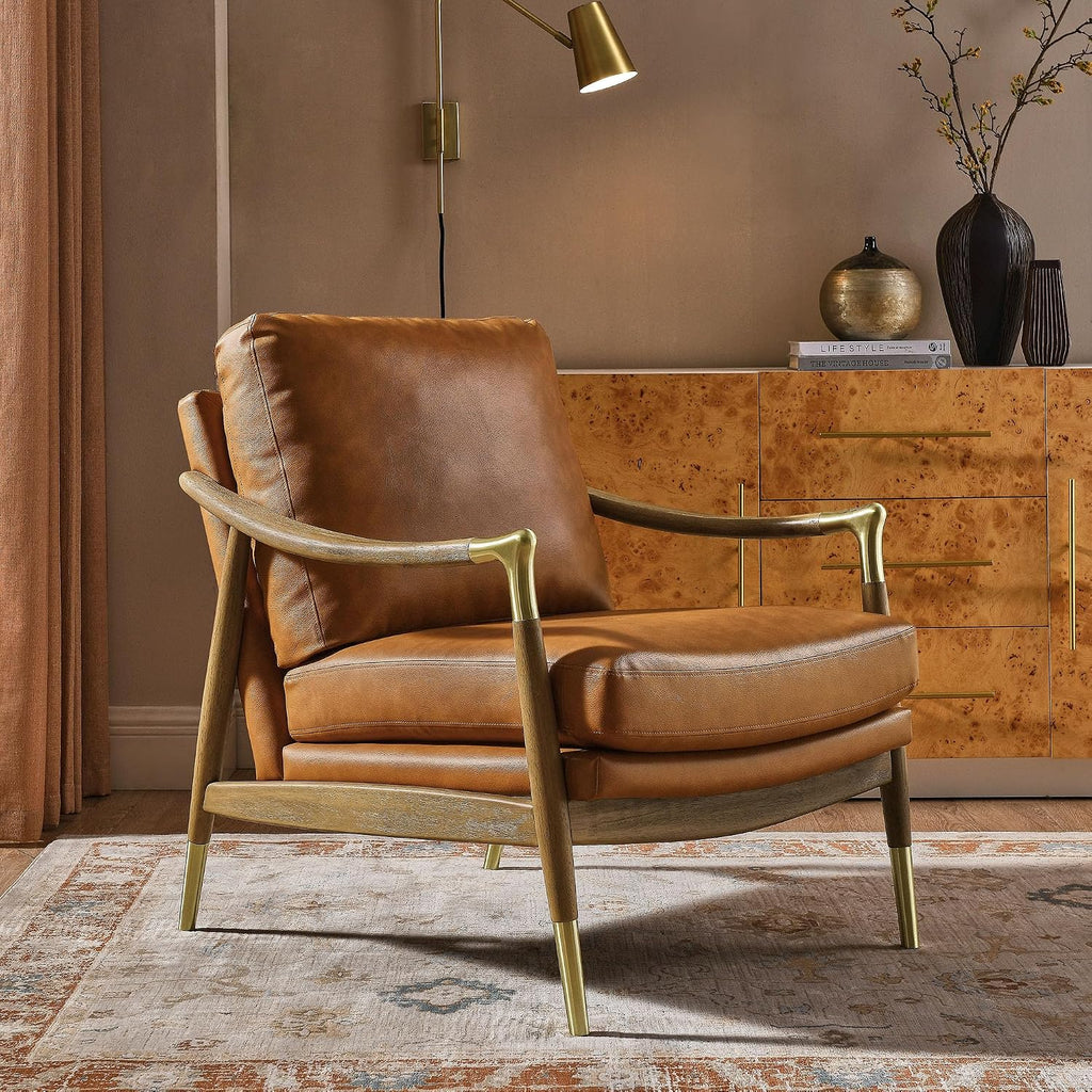 Langford Faux Leather Upholstered Armchair - Mid-Century Modern Armchair with Wood Frame - PU Leather Accent Chair or