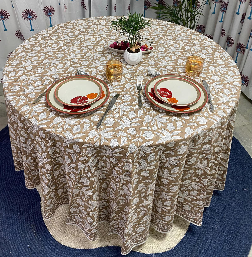 Hand Block Print Round Tablecloth Oak Brown 90 Inch 100% Cotton