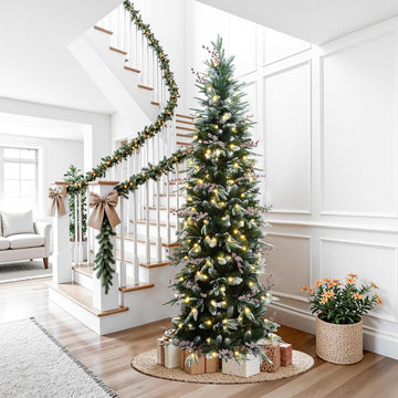 LuxenHome 6.5FT Slim Christmas Tree, Prelit Skinny Artificial Christmas Tree with 190 LED Lights, Realistic Pencil