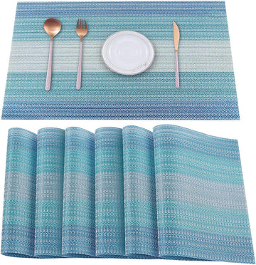 Blue Placemats,Stain-Resistant Kitchen Table Mats Washable Placemats Crossweave Woven Vinyl Placemat Dining - Set of 6