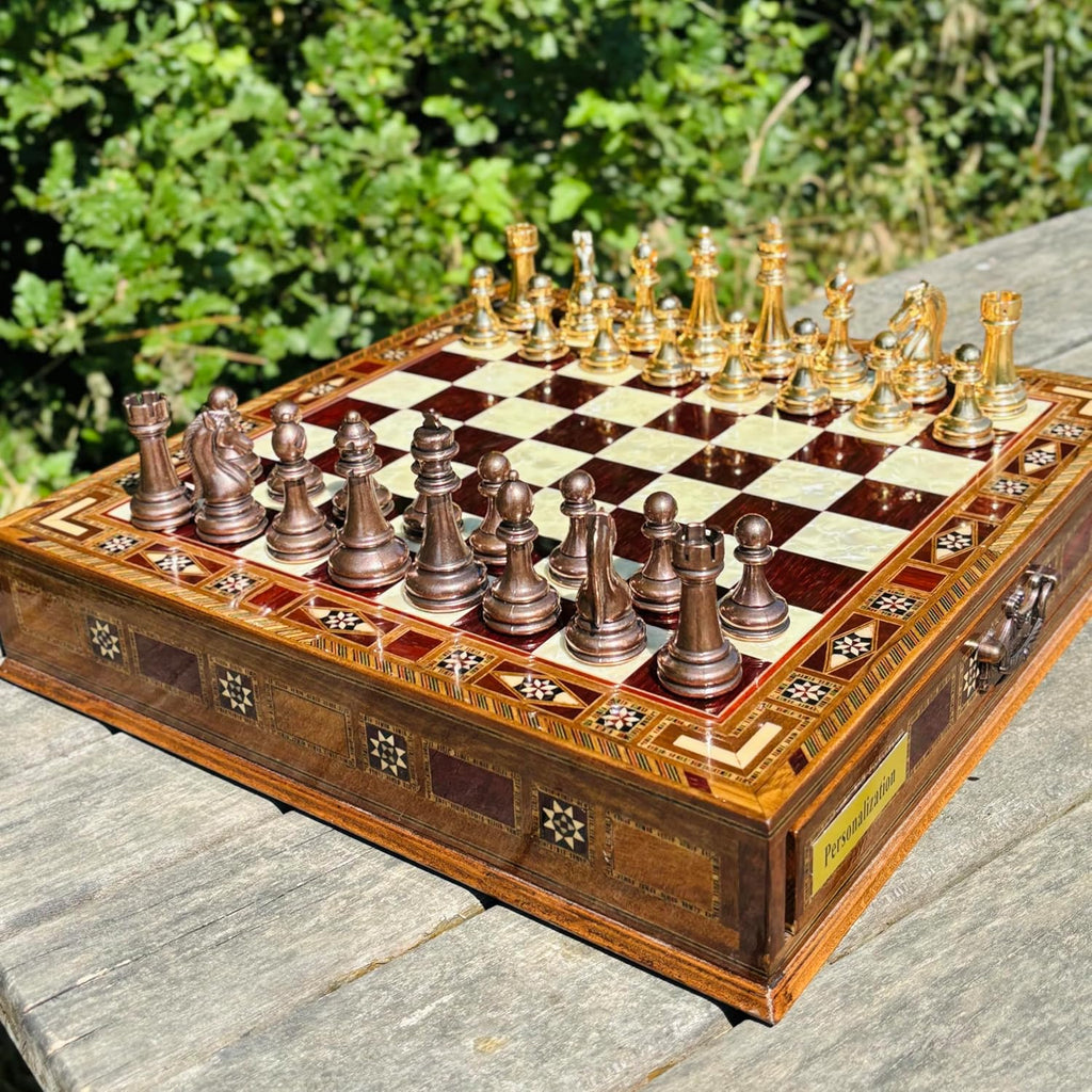 Handmade Luxury Chess Set - Metal Chess Pieces with Wooden Storage Board - Premium Classic Chess Game for Adults - Set of 34