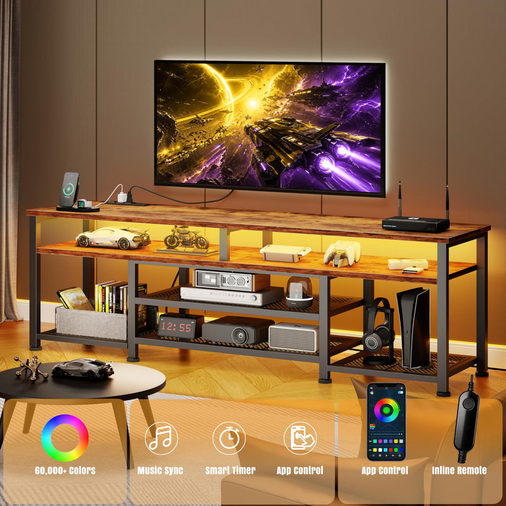 TV Stand for 70/75/80 inch TV, 71 in Entertainment Center with LED Lights and Power Outlets, TV Console Table with