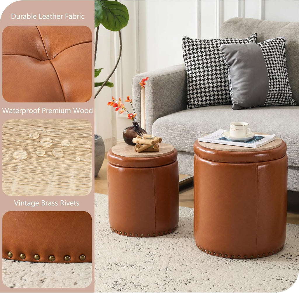 Round Ottoman with Storage Set of 2, Faux Leather Button Tufted Vanity Stool, Storage Ottoman Coffee Table, Small
