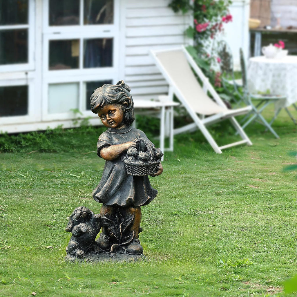 LuxenHome Garden Decor Statue,23" Fiber Stone Girl and Puppy Outdoor Statue | Bronze Garden Sculpture, Outdoor Art