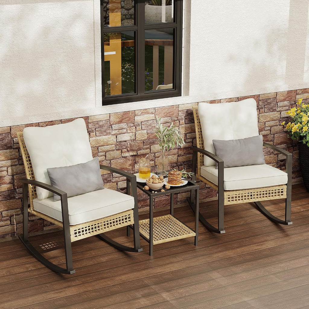 3 Piece Patio Rocking Chairs Set of 2, Outdoor Rocking Chair Bistro Set with Tempered Glass Coffee Table and Thick